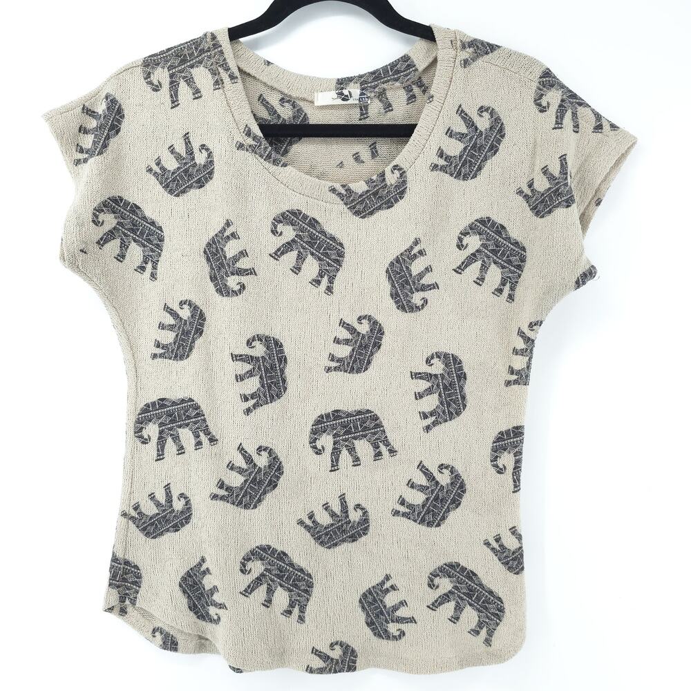 Gaze Hippie Boho Beige Crop Elephant Print Knit Top Crew Neck Cap Sleeves Small